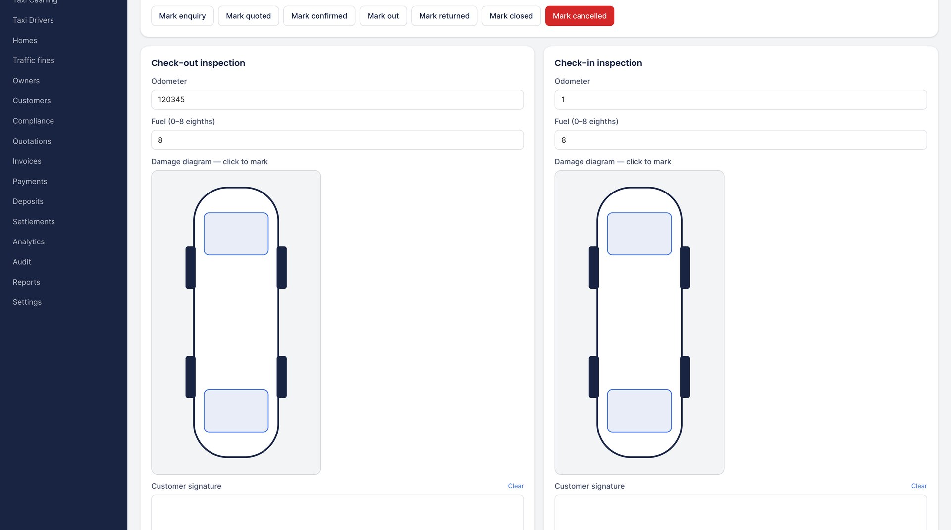 Check-out and check-in inspection with damage diagram and customer signature